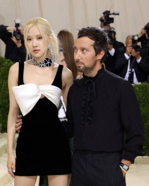 Rose with Anthony Vaccarello at 2021 Met Gala in New York 09/13/2021 2