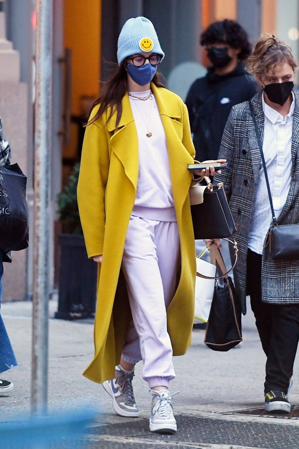 Anne Hathaway seen in Long Yellow Coat Out and About in New York 11/17/2021 6