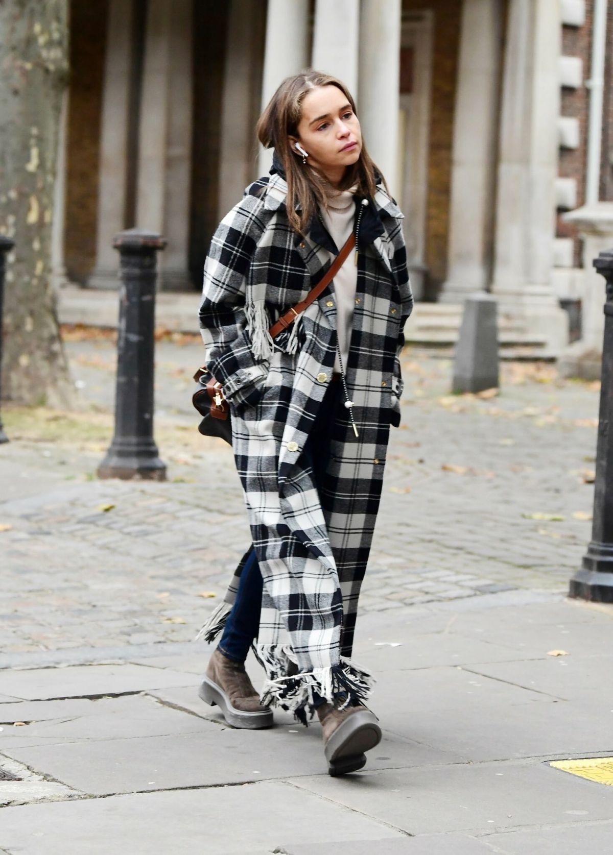 Emilia Clarke in Black and White Checked Dress Out and About in London 11/04/2021