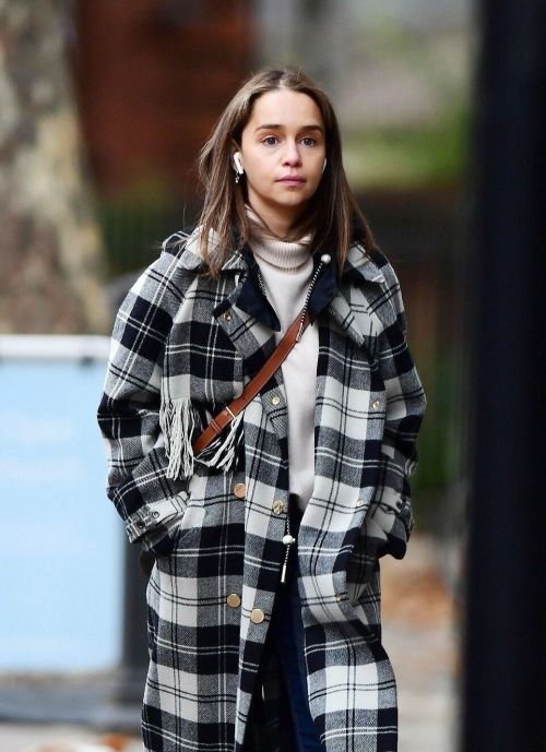 Emilia Clarke in Black and White Checked Dress Out and About in London 11/04/2021 1
