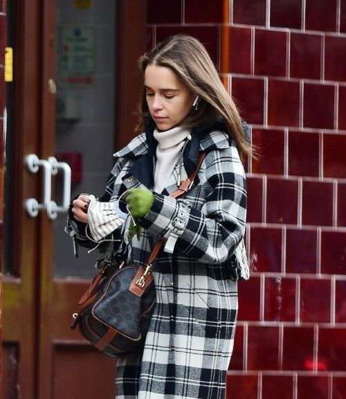 Emilia Clarke in Black and White Checked Dress Out and About in London 11/04/2021