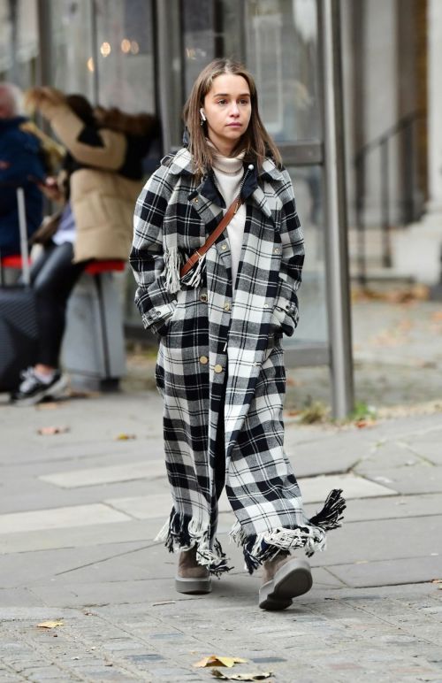 Emilia Clarke in Black and White Checked Dress Out and About in London 11/04/2021