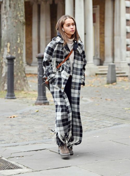 Emilia Clarke in Black and White Checked Dress Out and About in London 11/04/2021 9