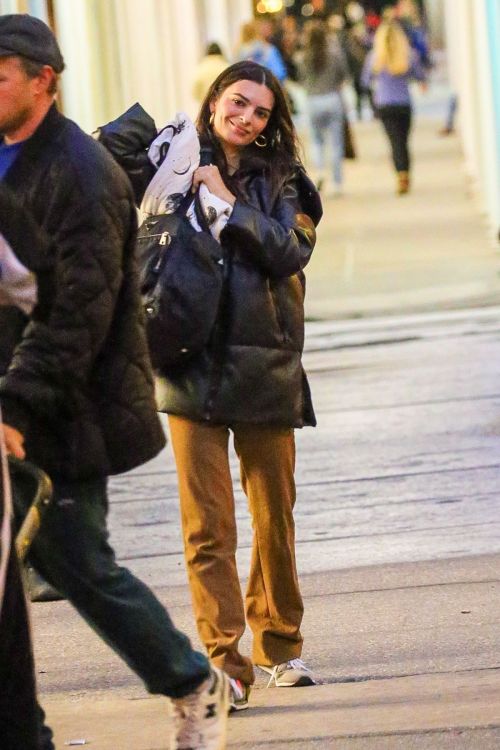 Emily Ratajkowski Out in Black Puffer Jacket with Brown Pants in New York 10/31/2021