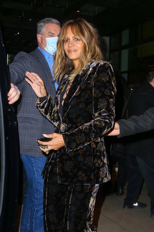 Halle Berry seen in Velvet Floral Print Suit Leaves Her Hotel in New York 11/19/2021