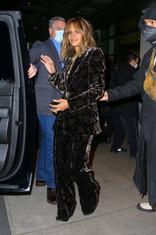 Halle Berry seen in Velvet Floral Print Suit Leaves Her Hotel in New York 11/19/2021 2