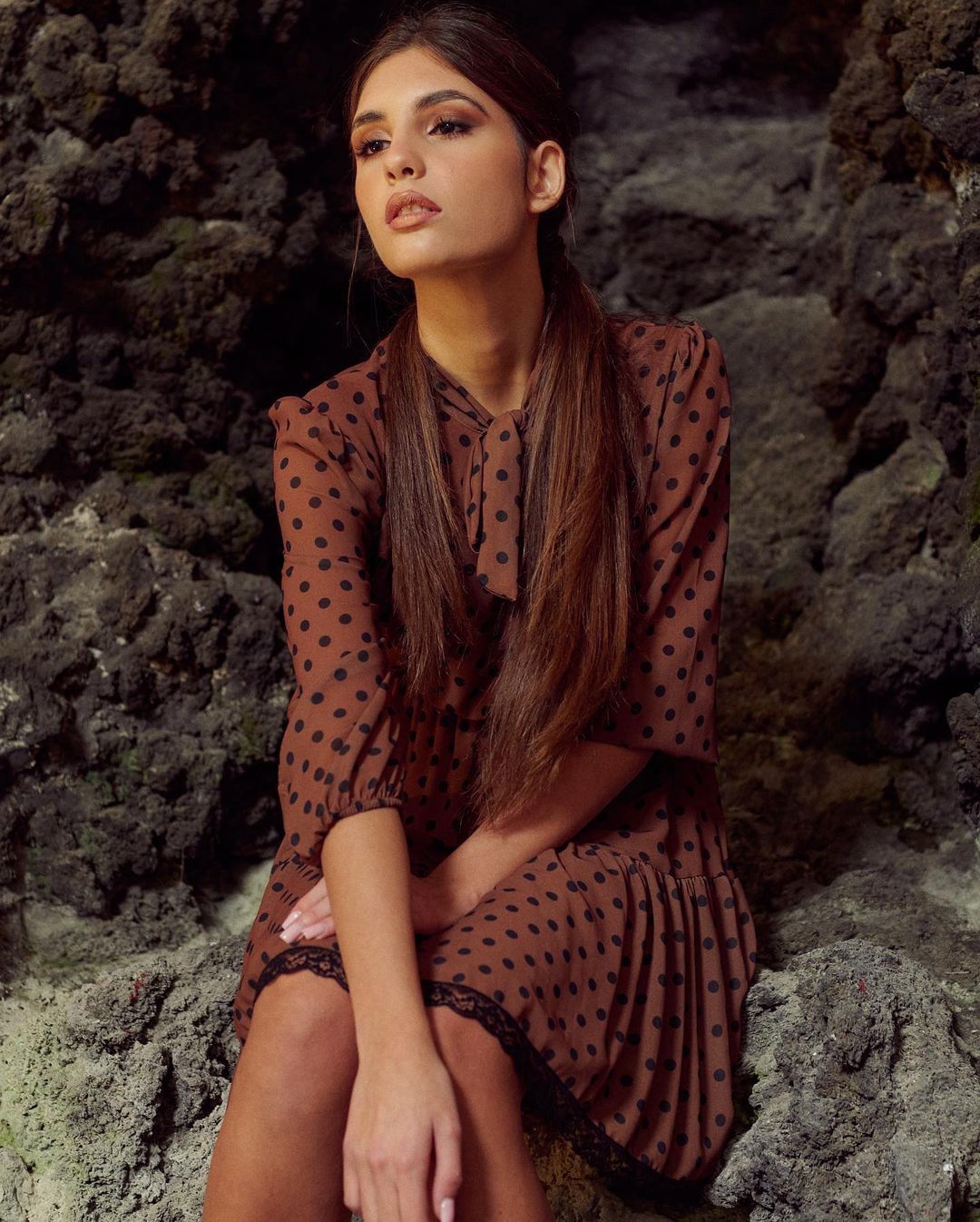 Italian model Valeria Sarnataro in Black Dotted Brown Dress During Photoshoot 11/19/2021 4