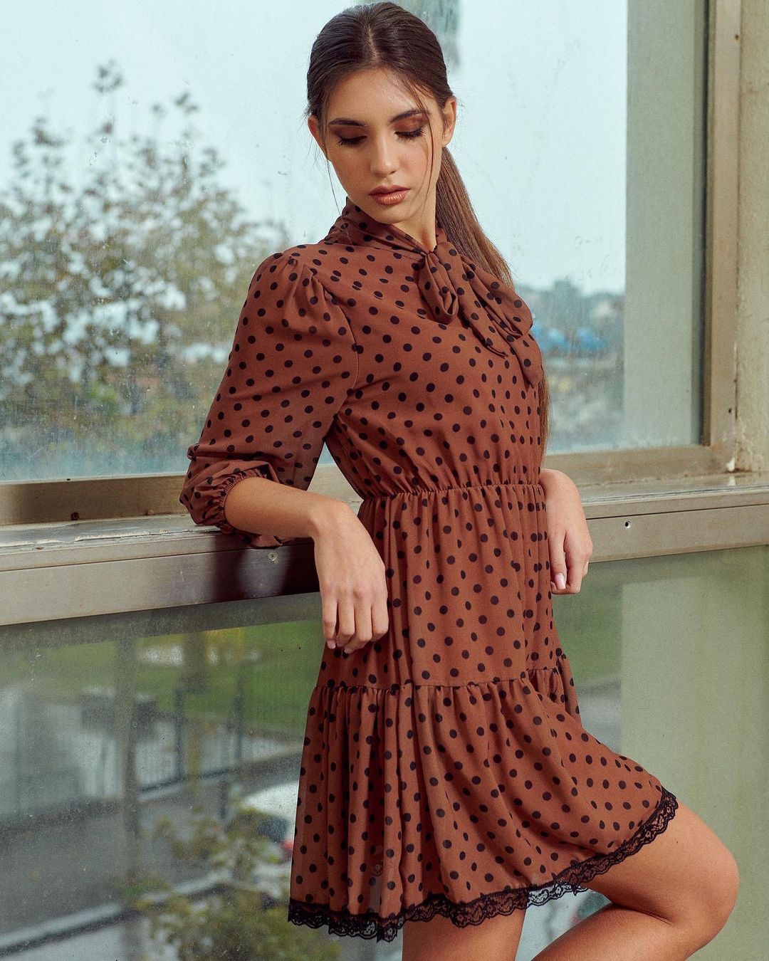 Italian model Valeria Sarnataro in Black Dotted Brown Dress During Photoshoot 11/19/2021 5