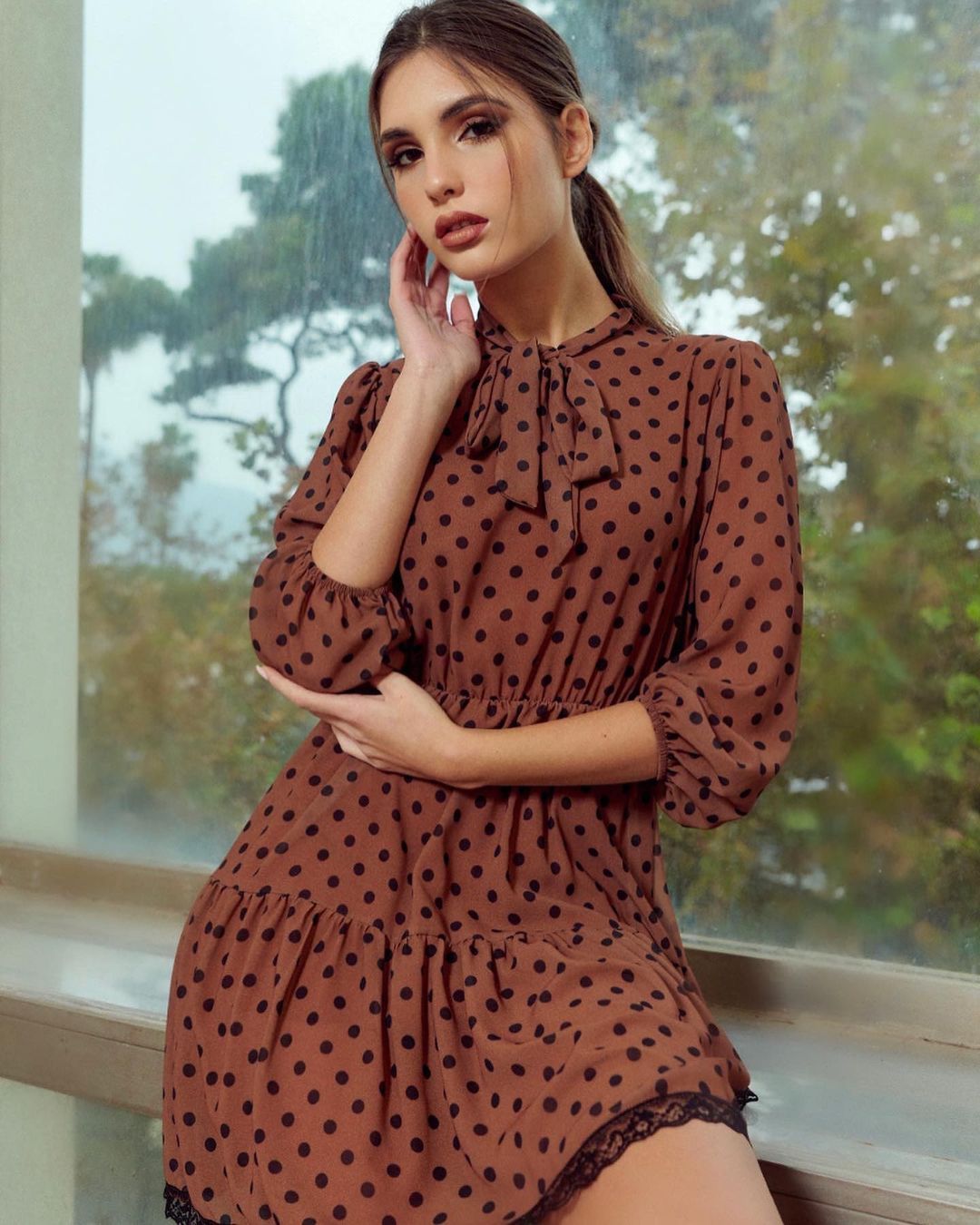 Italian model Valeria Sarnataro in Black Dotted Brown Dress During Photoshoot 11/19/2021 2