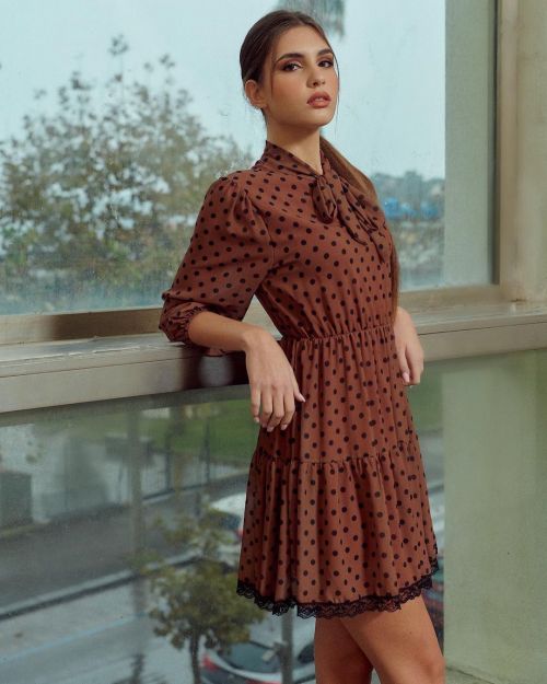 Italian model Valeria Sarnataro in Black Dotted Brown Dress During Photoshoot 11/19/2021