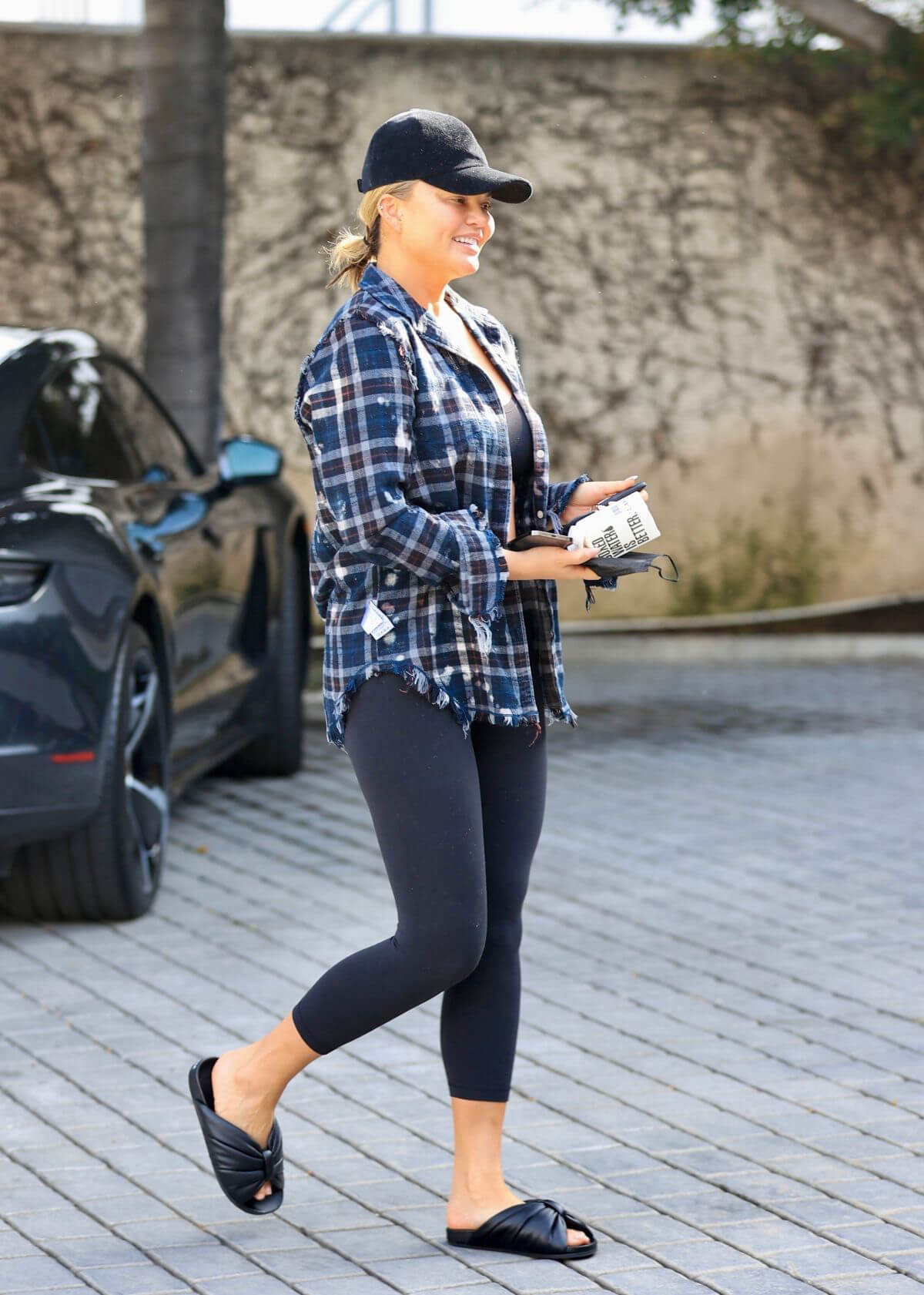 Chrissy Teigen in Checked Shirt with Tights Day Out in Los Angeles 5