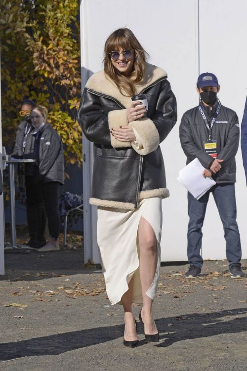 Dakota Johnson in Shearling Jacket and flashes her Legs Day Out in New York 2