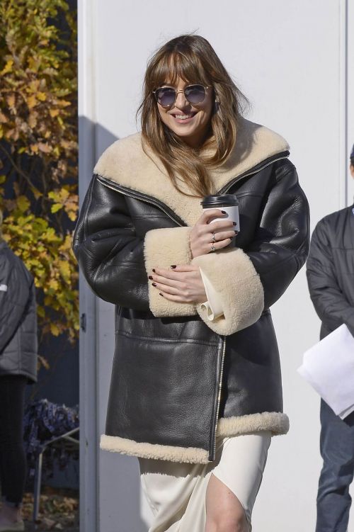 Dakota Johnson in Shearling Jacket and flashes her Legs Day Out in New York 4