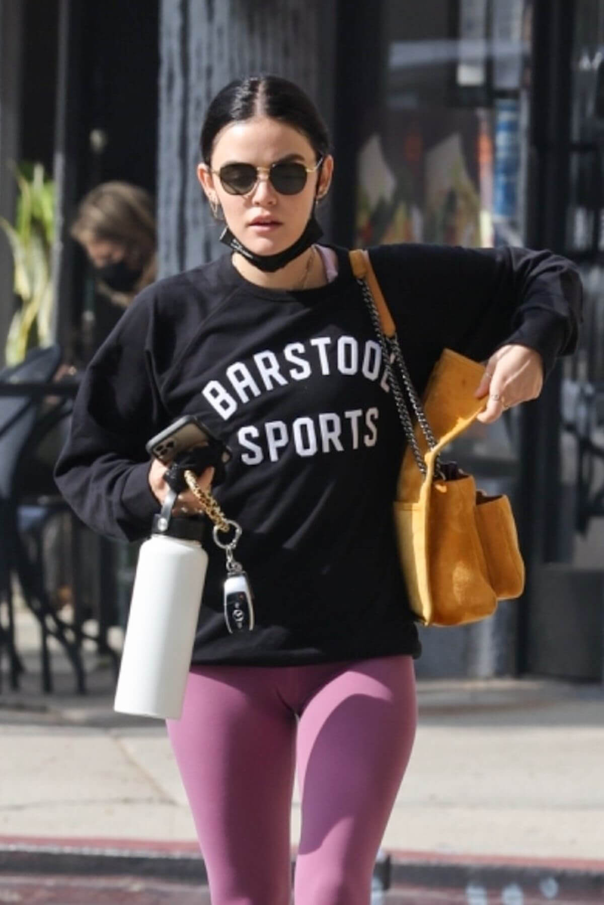 Lucy Hale seen in Purple Tights at Pilates Class in West Hollywood 11/19/2021