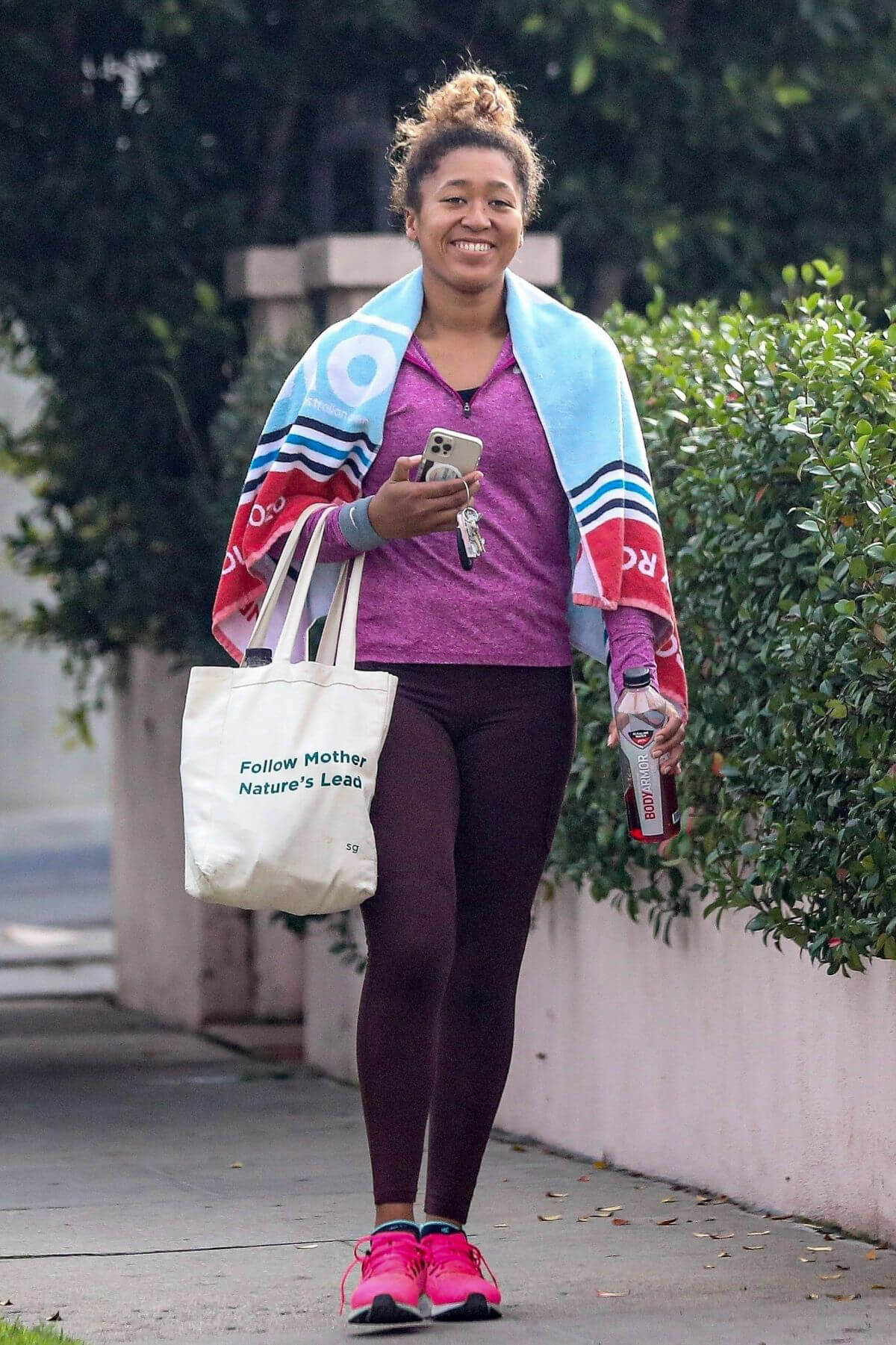 Naomi Osaka in Purple T-Shirt with Tights Leaves a Gym Session in Santa Monica