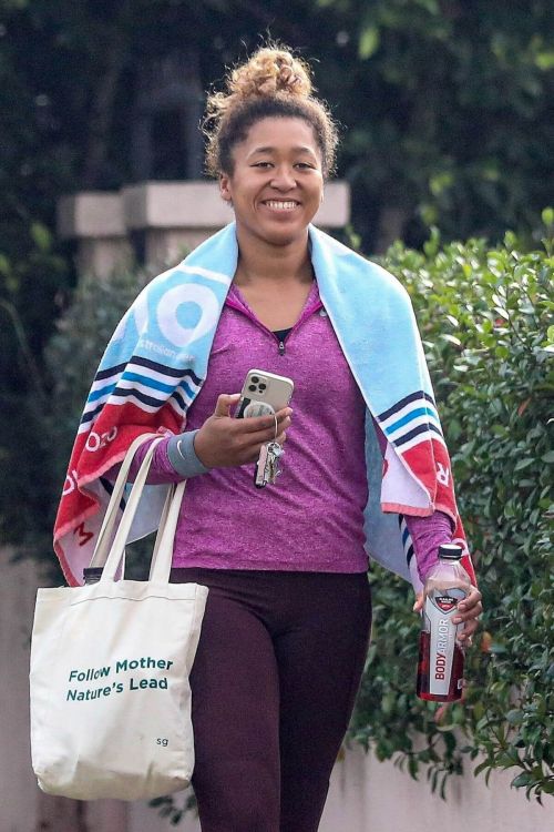 Naomi Osaka in Purple T-Shirt with Tights Leaves a Gym Session in Santa Monica 1