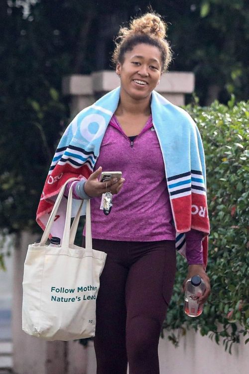 Naomi Osaka in Purple T-Shirt with Tights Leaves a Gym Session in Santa Monica 2