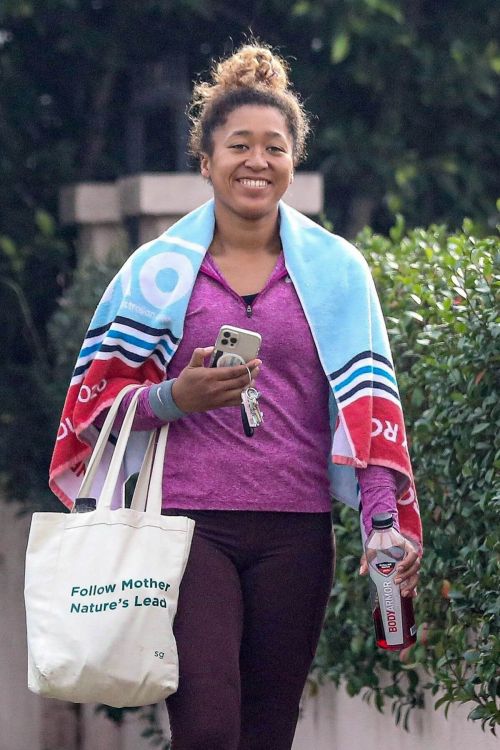 Naomi Osaka in Purple T-Shirt with Tights Leaves a Gym Session in Santa Monica 2