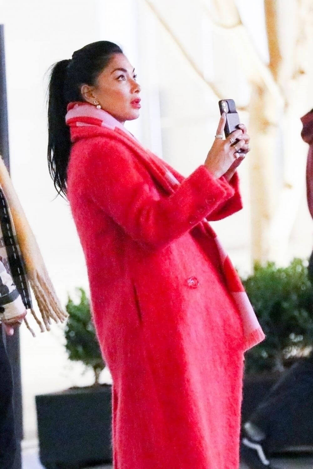 Nicole Scherzinger wears Red Long Coat Out at The Grove in Los Angeles