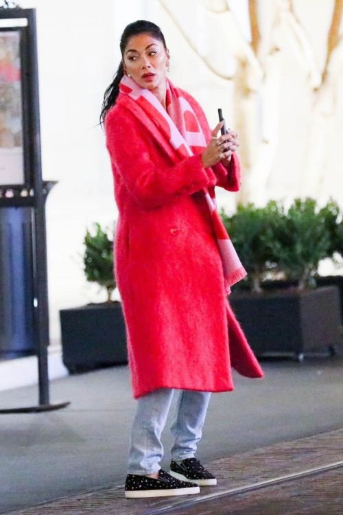 Nicole Scherzinger wears Red Long Coat Out at The Grove in Los Angeles