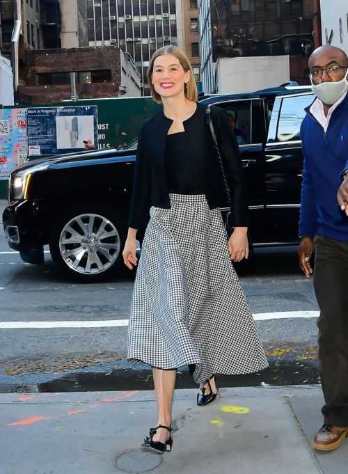 Rosamund Pike seen in Retro Check Long Skirt Out in New York 11/19/2021 1