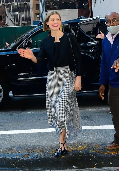 Rosamund Pike seen in Retro Check Long Skirt Out in New York 11/19/2021 3