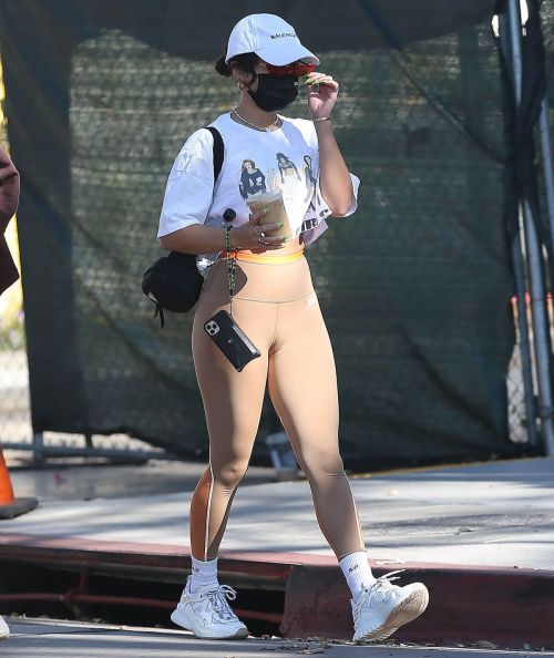 Vanessa Hudgens in Brown Tights Leaves Out a Gym in Los Angeles
