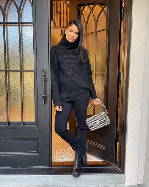 Chanel Iman wears Black Outfit with Anine Bing Nico Bag during Photoshoot