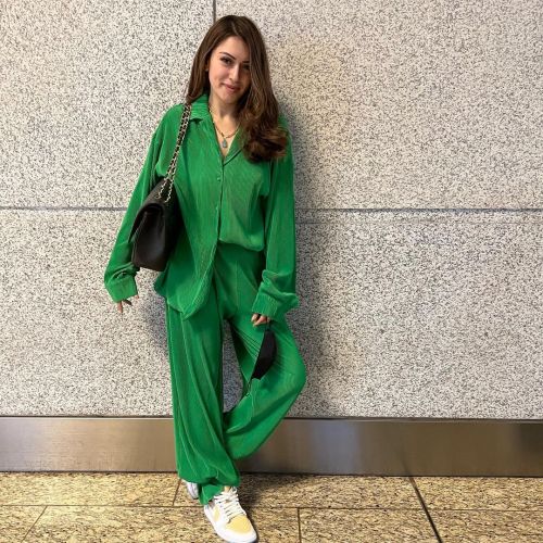 Hansika Motwani in Green Outfit with Black Bag and Black Face Mask, December 2021