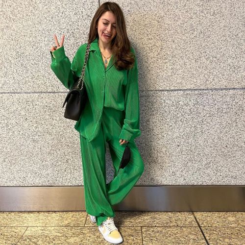 Hansika Motwani in Green Outfit with Black Bag and Black Face Mask, December 2021 1