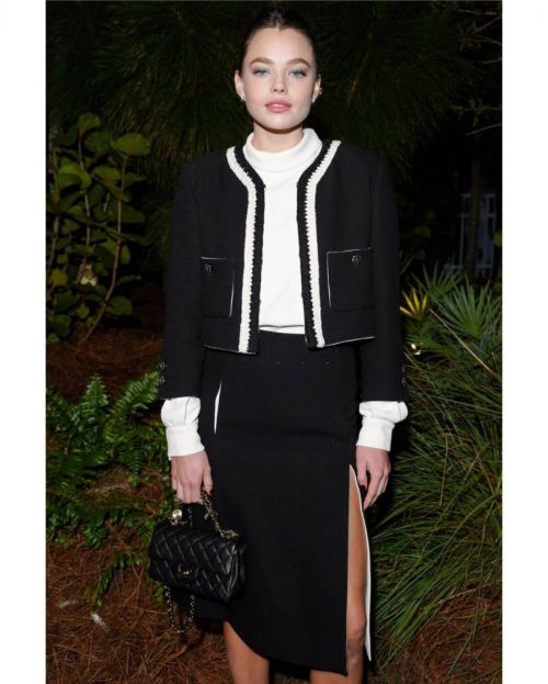 Kristine Froseth in Black and White Outfit at Chanel Dinner to Celebrate Five Echoes in Miami
