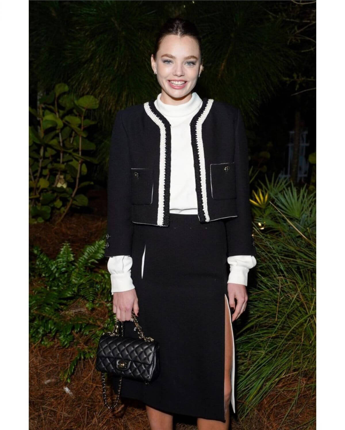 Kristine Froseth in Black and White Outfit at Chanel Dinner to Celebrate Five Echoes in Miami 4