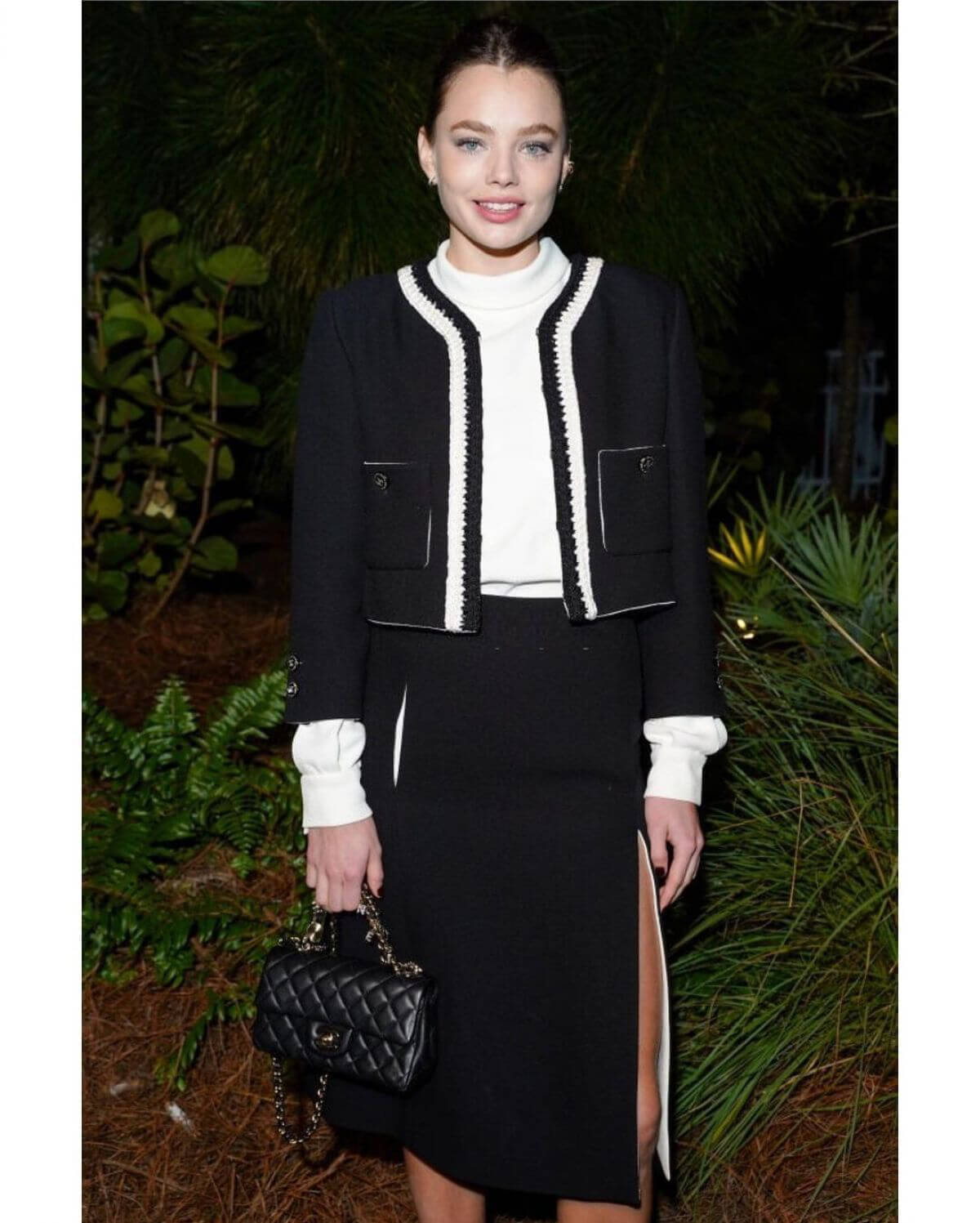 Kristine Froseth in Black and White Outfit at Chanel Dinner to Celebrate Five Echoes in Miami 6