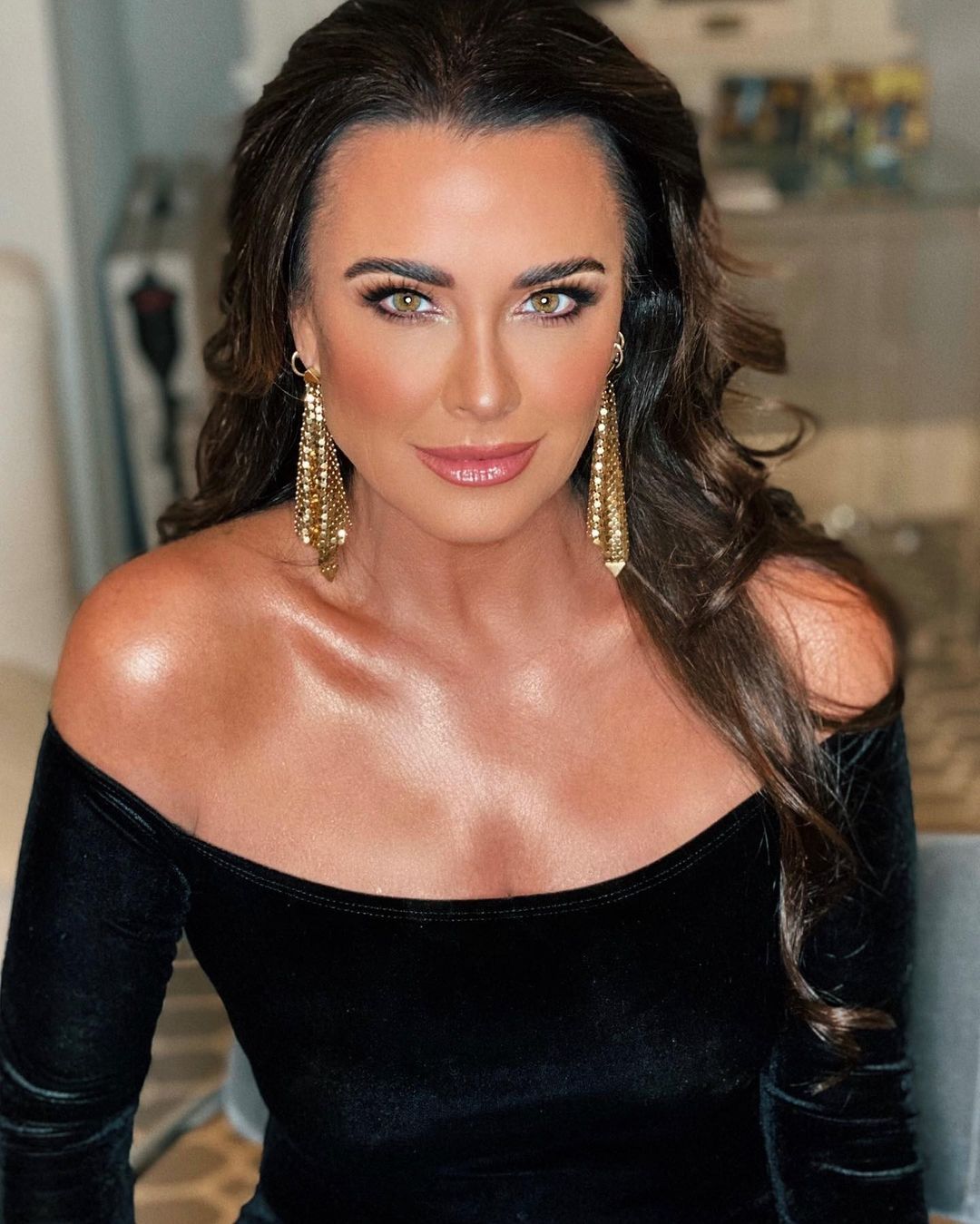 Kyle Richards in Black Off Shoulder Dress Photoshoot by Katrina Guevara, January 2022