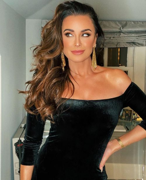 Kyle Richards in Black Off Shoulder Dress Photoshoot by Katrina Guevara, January 2022 1