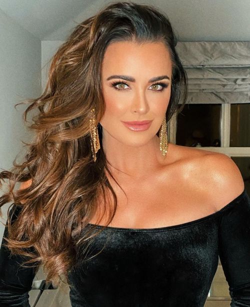 Kyle Richards in Black Off Shoulder Dress Photoshoot by Katrina Guevara, January 2022 3