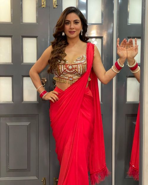 Shraddha Arya wears a Deep Neck Blouse Red Saree Designed by Harshal Naik, January 2022 2
