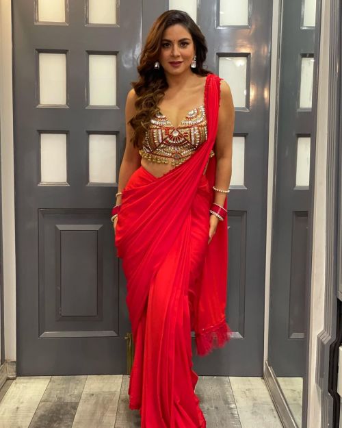 Shraddha Arya wears a Deep Neck Blouse Red Saree Designed by Harshal Naik, January 2022 3