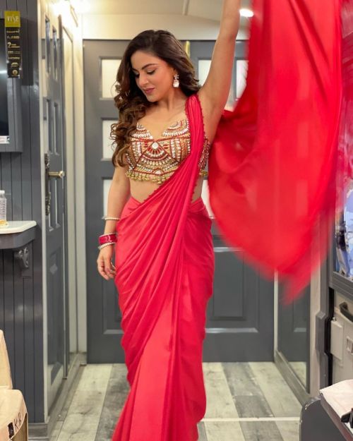 Shraddha Arya wears a Deep Neck Blouse Red Saree Designed by Harshal Naik, January 2022 4