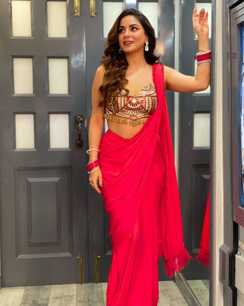 Shraddha Arya wears a Deep Neck Blouse Red Saree Designed by Harshal Naik, January 2022 7