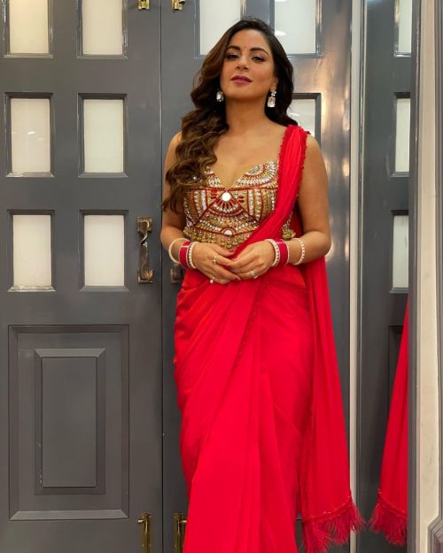 Shraddha Arya wears a Deep Neck Blouse Red Saree Designed by Harshal Naik, January 2022