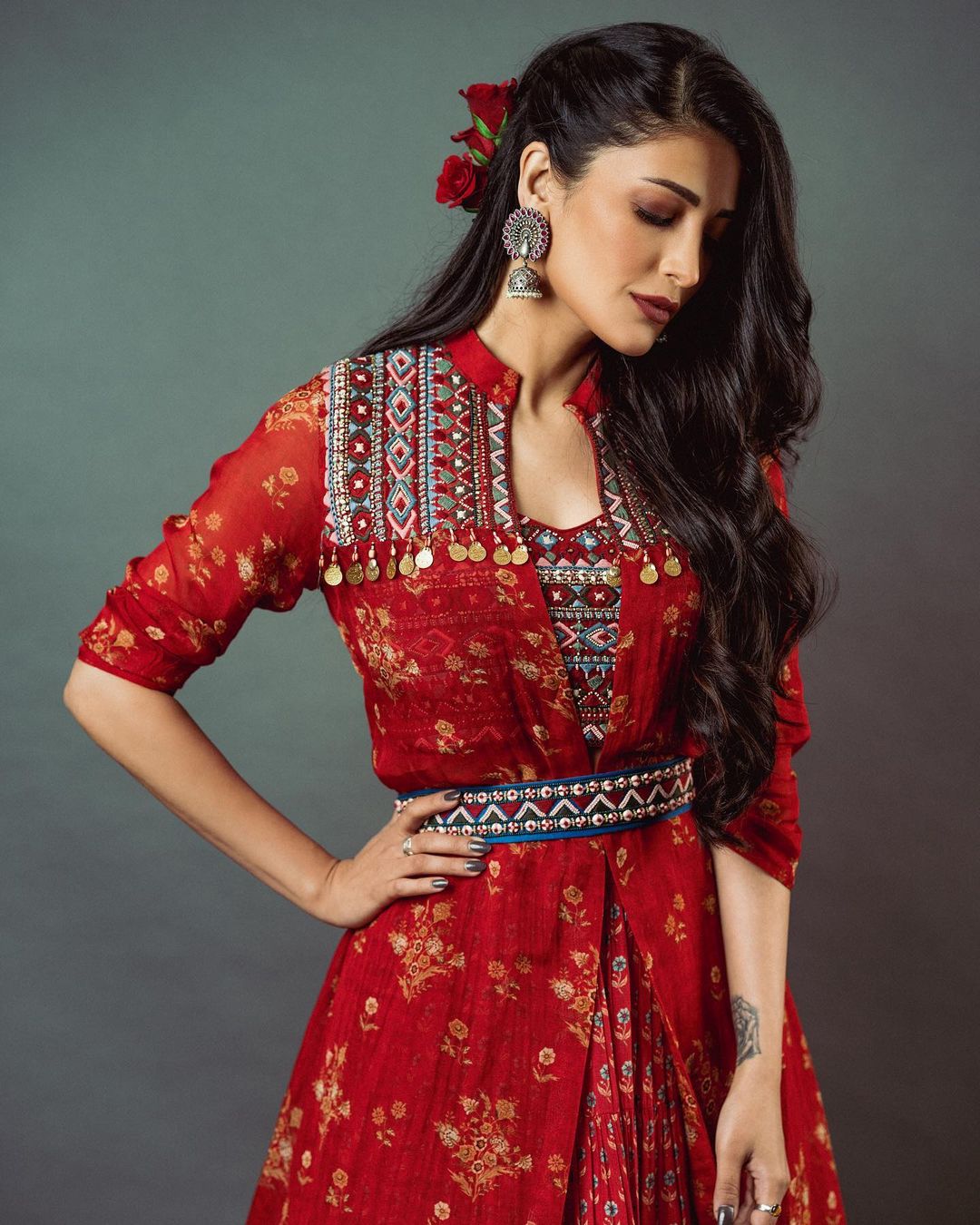 Shruti Haasan wears Navras Rose Beaded Lehenga Set Designed by Label Anushree, November 2021