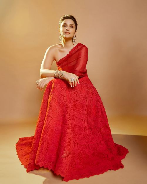 Parineeti Chopra Photoshoot in One-side Off Shoulder Red Dress, March 2022 2