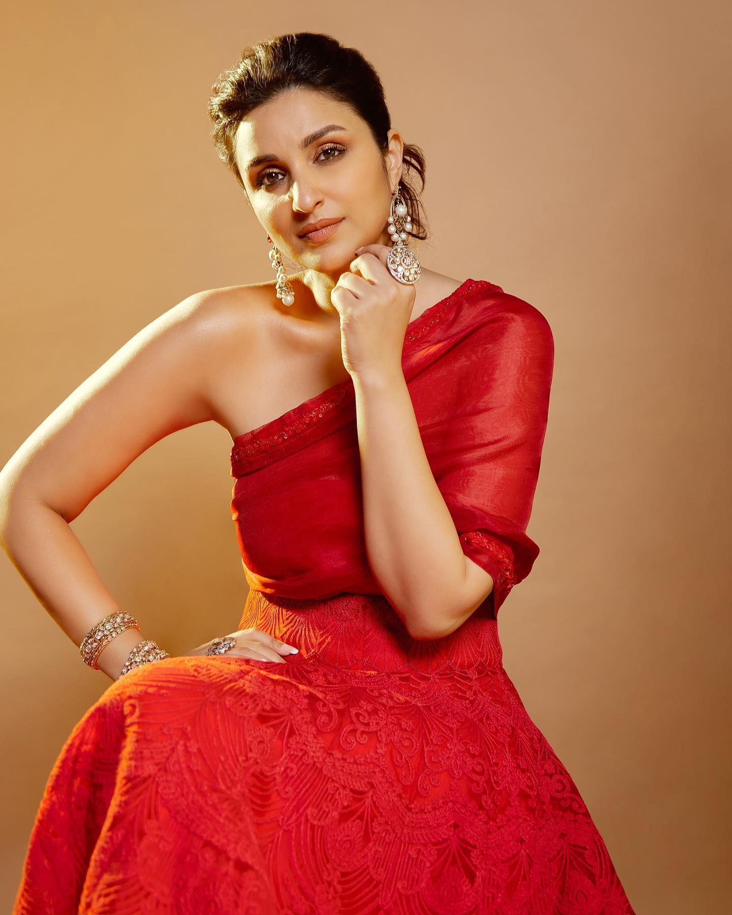 Parineeti Chopra Photoshoot in One-side Off Shoulder Red Dress, March 2022