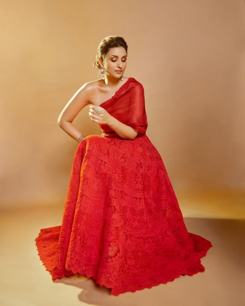 Parineeti Chopra Photoshoot in One-side Off Shoulder Red Dress, March 2022 3