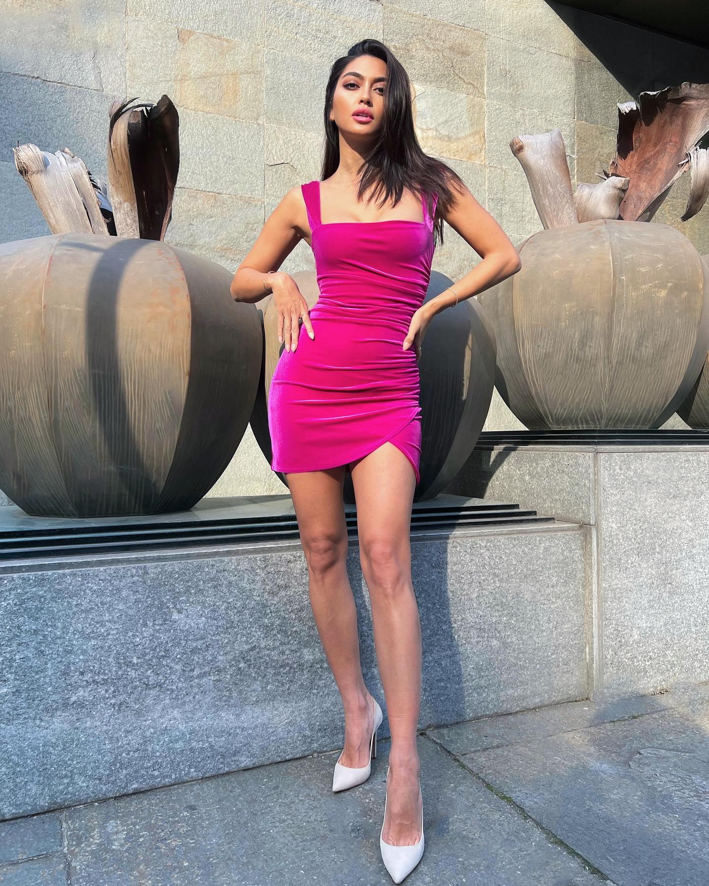 Ambra Gutierrez in NOOKIE Pink Velvet Dress in Milan at Italy, April 2022