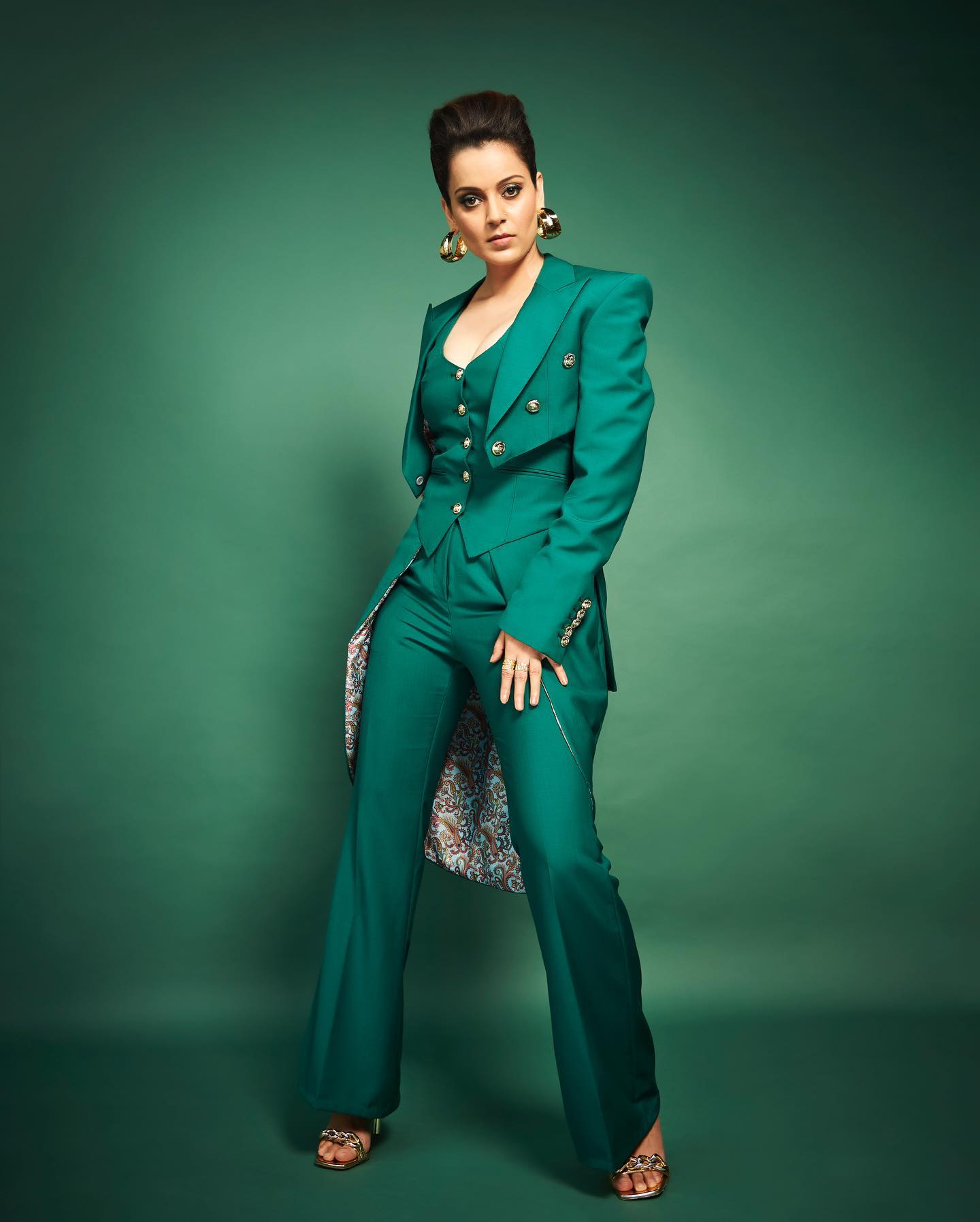 Kangana Ranaut wears Green Suit Pants during Lockup Judgement Day, March 2022