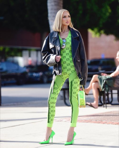 Christine Quinn a Day Out in Green Gown with Leather Jacket, May 2022