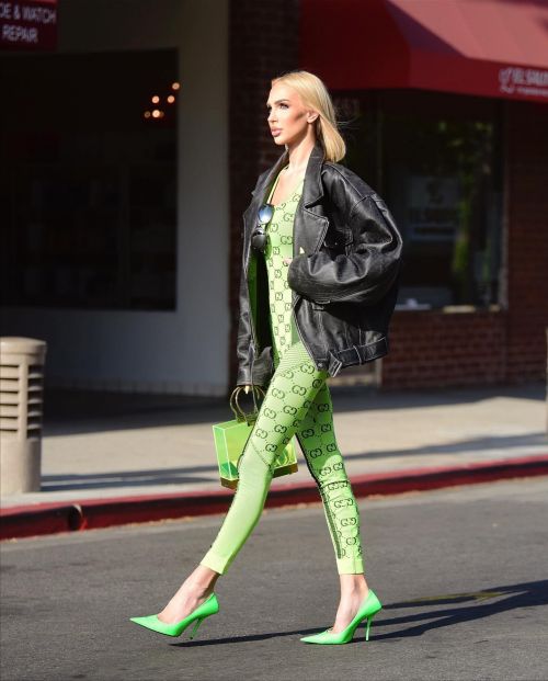 Christine Quinn a Day Out in Green Gown with Leather Jacket, May 2022 1