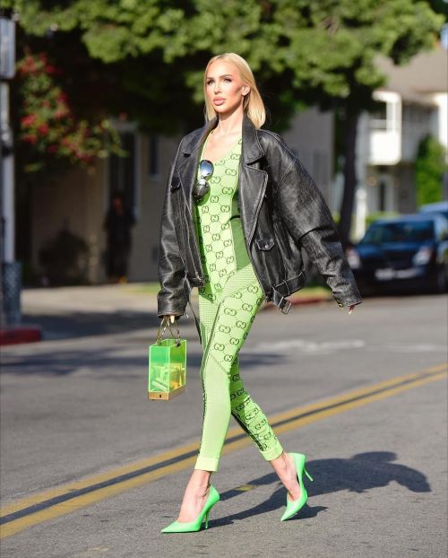 Christine Quinn a Day Out in Green Gown with Leather Jacket, May 2022 3